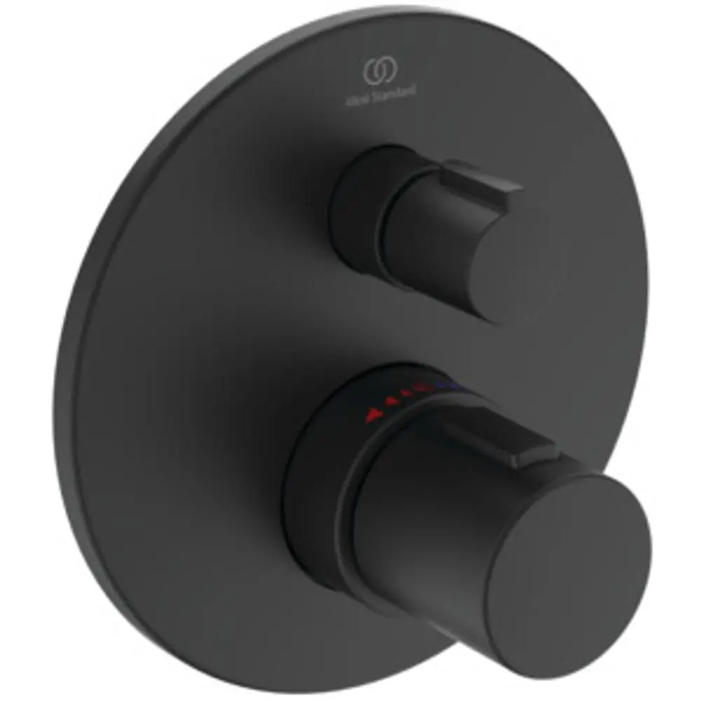 Schwarzes Thermostat von Ideal Standard mit zwei Reglern auf runder Grundplatte. Übersichtliche Anzeige für Temperatur- und Wasserflusskontrolle.